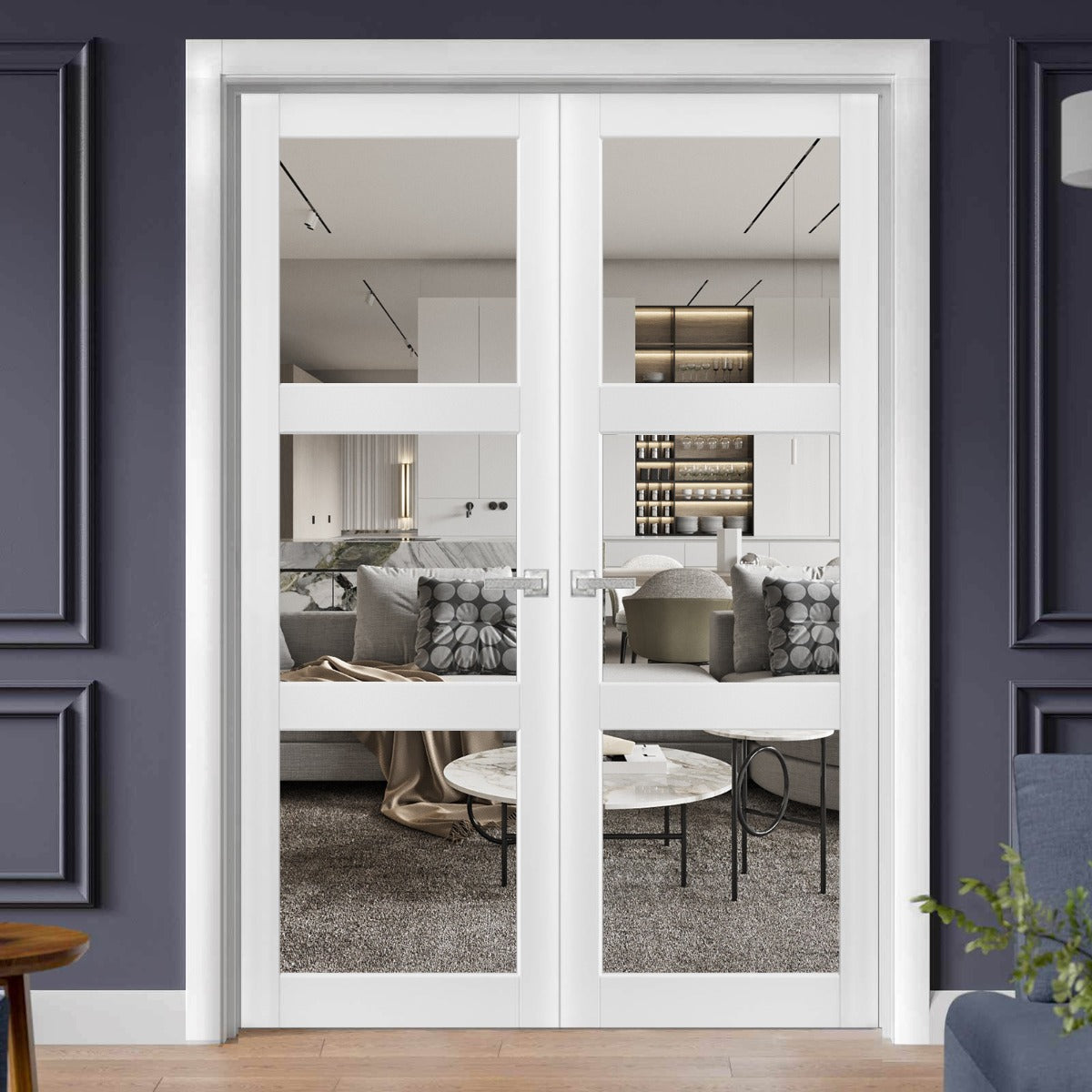 Solid French Double Doors 3 Lites | Lucia 2555 White Silk with Clear Glass | Wood Solid Panel Frame Trims | Closet Bedroom Sturdy Doors