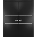 Solid French Double Doors | Planum 0110 Matte Black | Wood Solid Panel Frame Trims | Closet Bedroom