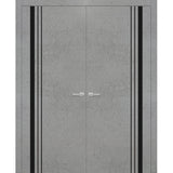 Solid French Double Doors | Planum 0011 Concrete | Wood Solid Panel Frame Trims | Closet Bedroom Sturdy Doors