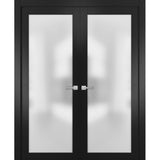Solid French Double Doors | Planum 2102 Matte Black with Frosted Glass | Wood Solid Panel Frame Trims | Closet Bedroom Sturdy Doors