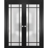 Solid French Double Doors | Planum 2112 Matte Black Frosted Glass | Wood Solid Panel Frame Trims | Closet Bedroom Sturdy Doors
