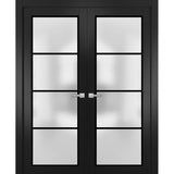 Solid French Double Doors | Planum 2132 Matte Black Frosted Glass | Wood Solid Panel Frame Trims | Closet Bedroom Sturdy Doors