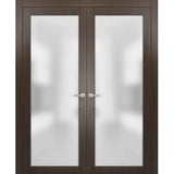 Solid French Double Doors | Planum 2102 Chocolate Ash with Frosted Glass | Wood Solid Panel Frame Trims | Closet Bedroom Sturdy Doors