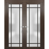 Solid French Double Doors | Planum 2112 Chocolate Ash Frosted Glass | Wood Solid Panel Frame Trims | Closet Bedroom Sturdy Doors