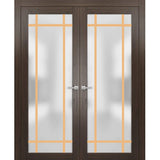 Solid French Double Doors | Planum 2113 Chocolate Ash with Frosted Glass | Wood Solid Panel Frame Trims | Closet Bedroom Sturdy Doors