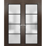Solid French Double Doors | Planum 2132 Chocolate Ash Frosted Glass | Wood Solid Panel Frame Trims | Closet Bedroom Sturdy Doors