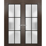 Solid French Double Doors | Planum 2122 Chocolate Ash Frosted Glass | Wood Solid Panel Frame Trims | Closet Bedroom Sturdy Doors