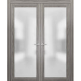 Solid French Double Doors | Planum 2102 Ginger Ash with Frosted Glass | Wood Solid Panel Frame Trims | Closet Bedroom Sturdy Doors