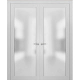 Solid French Double Doors | Planum 2102 White Silk with Frosted Glass | Wood Solid Panel Frame Trims | Closet Bedroom Sturdy Doors