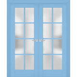 Interior Solid French Double Doors | Veregio 7412 Aquamarine with Frosted Glass | Wood Solid Panel Frame Trims | Closet Bedroom Sturdy Doors