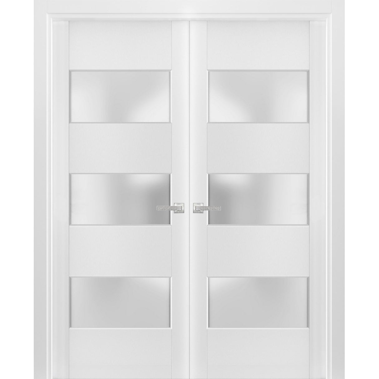 Solid French Double Doors 3 Lites | Lucia 4070 White Silk with Frosted Glass | Wood Solid Panel Frame Trims | Closet Bedroom Sturdy Doors