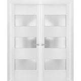 Solid French Double Doors 3 Lites | Lucia 4070 White Silk with Frosted Glass | Wood Solid Panel Frame Trims | Closet Bedroom Sturdy Doors