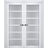 Interior Solid French Double Doors | Veregio 7602 White Silk with Frosted Glass | Wood Solid Panel Frame Trims | Closet Bedroom Sturdy Doors