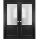 Solid Interior French Double Doors | Lucia 22 Matte Black with Rain Glass | Wood Solid Panel Frame Trims | Closet Bedroom Sturdy Doors