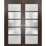 Solid French Double Doors | Quadro 4002 Chocolate Ash with Frosted Glass | Wood Solid Panel Frame Trims | Closet Bedroom Sturdy Doors