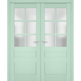 Interior Solid French Double Doors | Veregio 7339 Oliva with Frosted Glass | Wood Solid Panel Frame Trims | Closet Bedroom Sturdy Doors