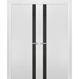 Solid French Double Doors | Planum 0040 White Silk with Black Glass | Wood Solid Panel Frame Trims | Closet Bedroom Sturdy Doors