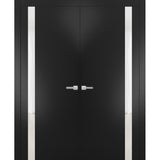 Solid French Double Doors | Planum 0040 Matte Black with White Glass | Wood Solid Panel Frame Trims | Closet Bedroom Sturdy Doors