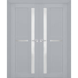 Interior Solid French Double Doors | Veregio 7288 Matte Grey with Frosted Glass | Wood Solid Panel Frame Trims | Closet Bedroom Sturdy Doors