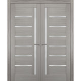 Solid French Double Doors | Quadro 4088 Grey Ash with Frosted Glass | Wood Solid Panel Frame Trims | Closet Bedroom Sturdy Doors