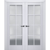 Interior Solid French Double Doors | Veregio 7412 White Silk with Frosted Glass | Wood Solid Panel Frame Trims | Closet Bedroom Sturdy Doors