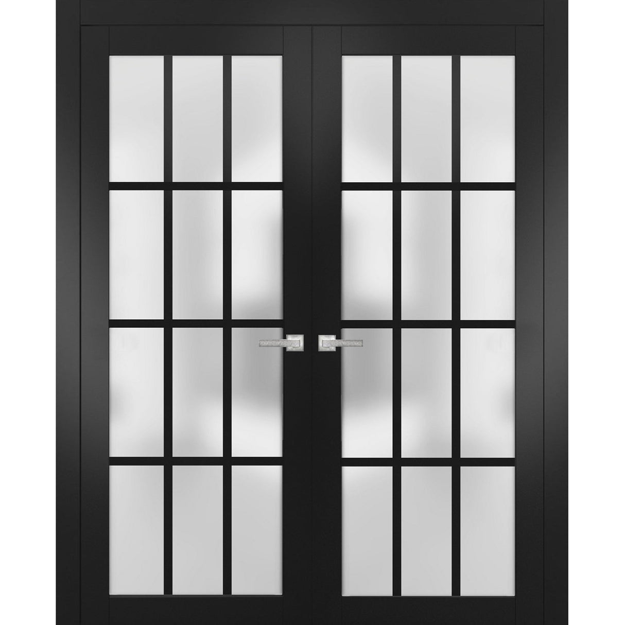Solid French Double Frosted Glass Doors 12 Lites | Felicia 3312 Matte Black | Single Regural Panel Frame Trims | Bathroom Bedroom Sturdy Doors