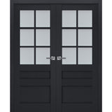 Interior Solid French Double Doors | Veregio 7339 Antracite with Frosted Glass | Wood Solid Panel Frame Trims | Closet Bedroom Sturdy Doors