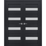 Interior Solid French Double Doors | Veregio 7455 Antracite with Frosted Glass | Wood Solid Panel Frame Trims | Closet Bedroom Sturdy Doors