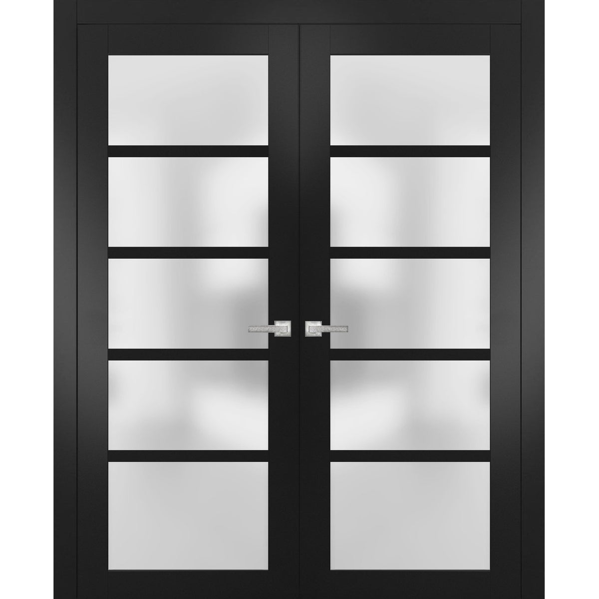 Solid French Double Doors | Quadro 4002 Matte Black with Frosted Glass | Wood Solid Panel Frame Trims | Closet Bedroom Sturdy Doors