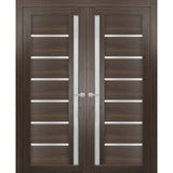 Solid French Double Doors | Quadro 4088 Chocolate Ash with Frosted Glass | Wood Solid Panel Frame Trims | Closet Bedroom Sturdy Doors