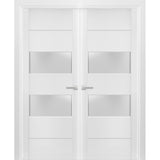 Solid French Double Doors 2 lites | Lucia 4010 White Silk with Frosted Glass | Wood Solid Panel Frame Trims | Closet Bedroom Sturdy Doors