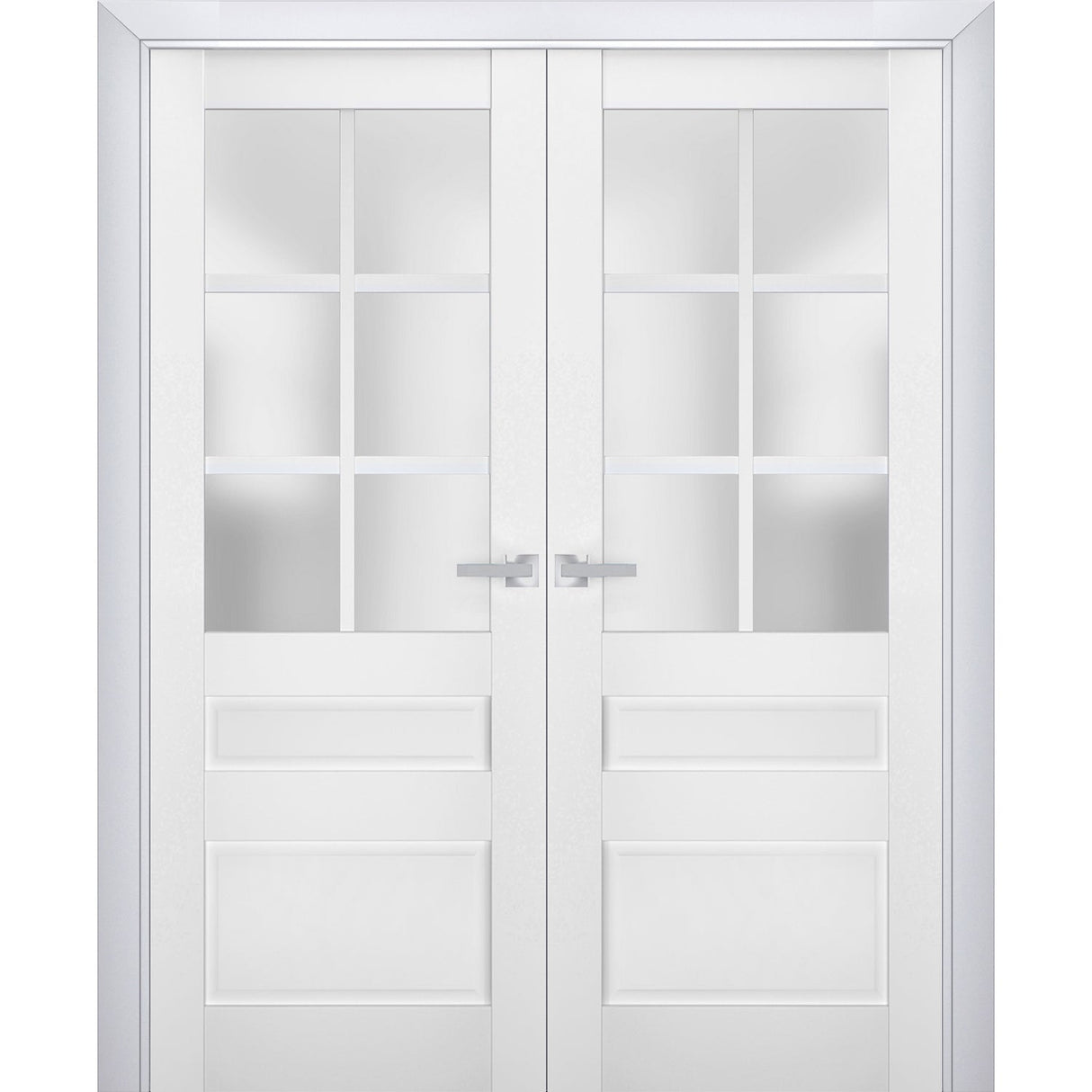 Interior Solid French Double Doors | Veregio 7339 White Silk with Frosted Glass | Wood Solid Panel Frame Trims | Closet Bedroom Sturdy Doors