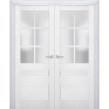 Interior Solid French Double Doors | Veregio 7339 White Silk with Frosted Glass | Wood Solid Panel Frame Trims | Closet Bedroom Sturdy Doors