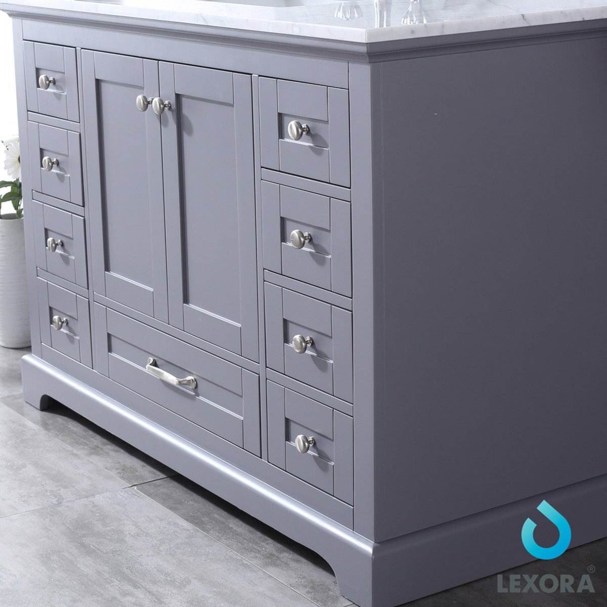Dukes 48" Dark Grey Single Vanity, White Carrara Marble Top, White Square Sink and 46" Mirror - BUILDMYPLACE
