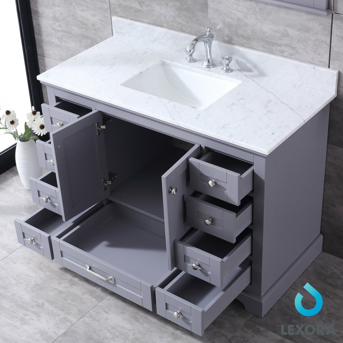 Dukes 48" Dark Grey Single Vanity, White Carrara Marble Top, White Square Sink and 46" Mirror - BUILDMYPLACE