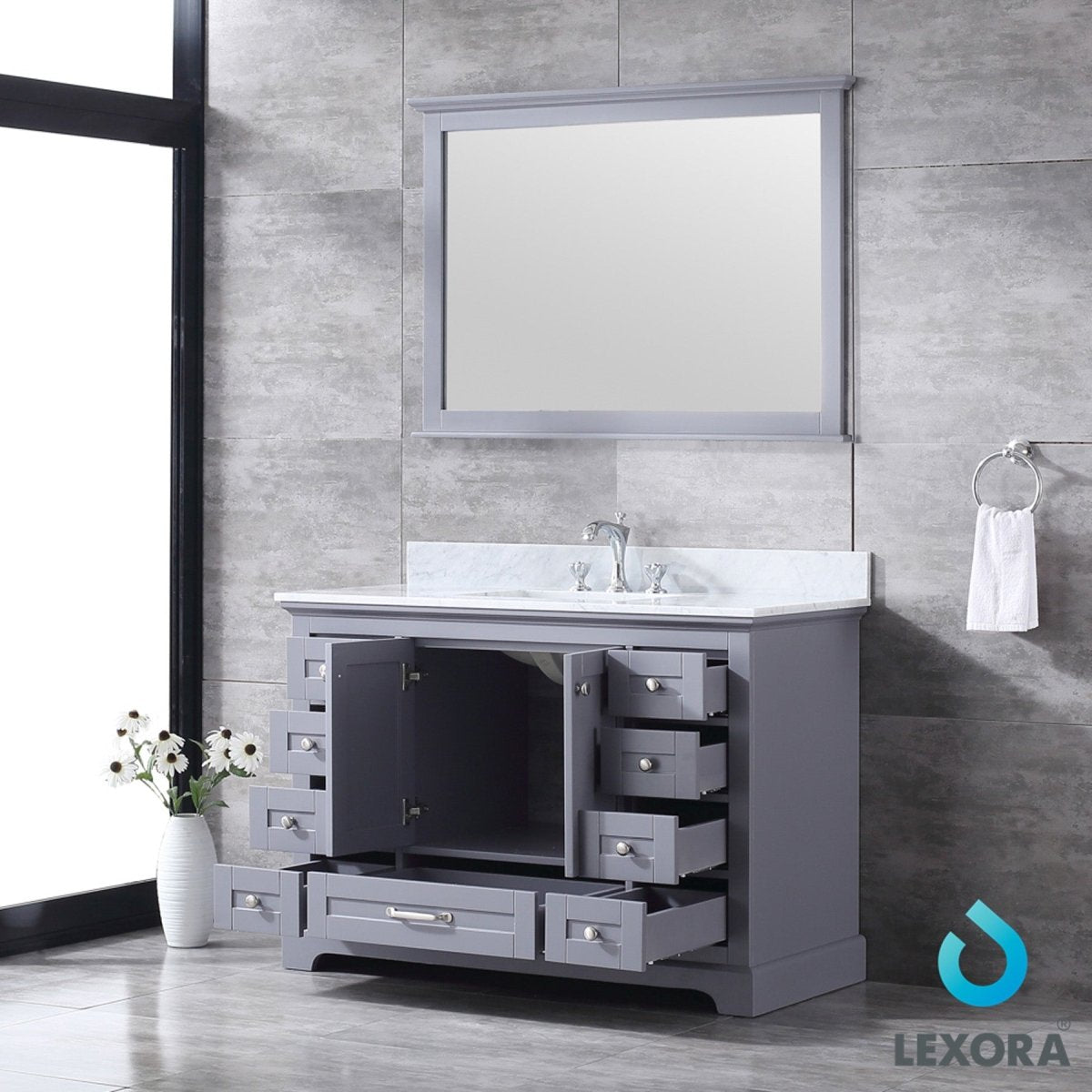 Dukes 48" Dark Grey Single Vanity, White Carrara Marble Top, White Square Sink and 46" Mirror - BUILDMYPLACE