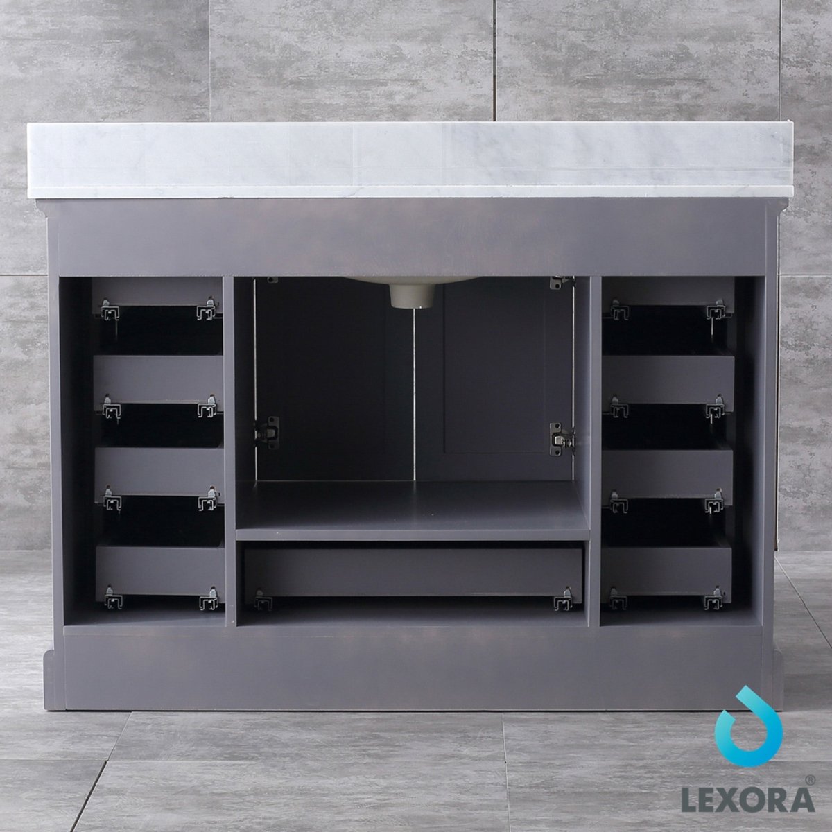 Dukes 48" Dark Grey Single Vanity, White Carrara Marble Top, White Square Sink and 46" Mirror - BUILDMYPLACE