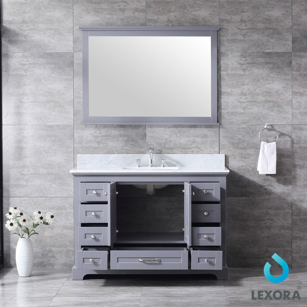 Dukes 48" Dark Grey Single Vanity, White Carrara Marble Top, White Square Sink and 46" Mirror - BUILDMYPLACE