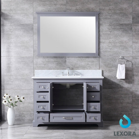Dukes 48" Dark Grey Single Vanity, White Carrara Marble Top, White Square Sink and 46" Mirror - BUILDMYPLACE