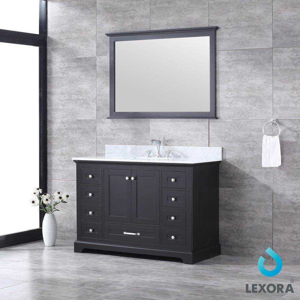 Dukes 48" Espresso Single Vanity, White Carrara Marble Top, White Square Sink and 46" Mirror - BUILDMYPLACE
