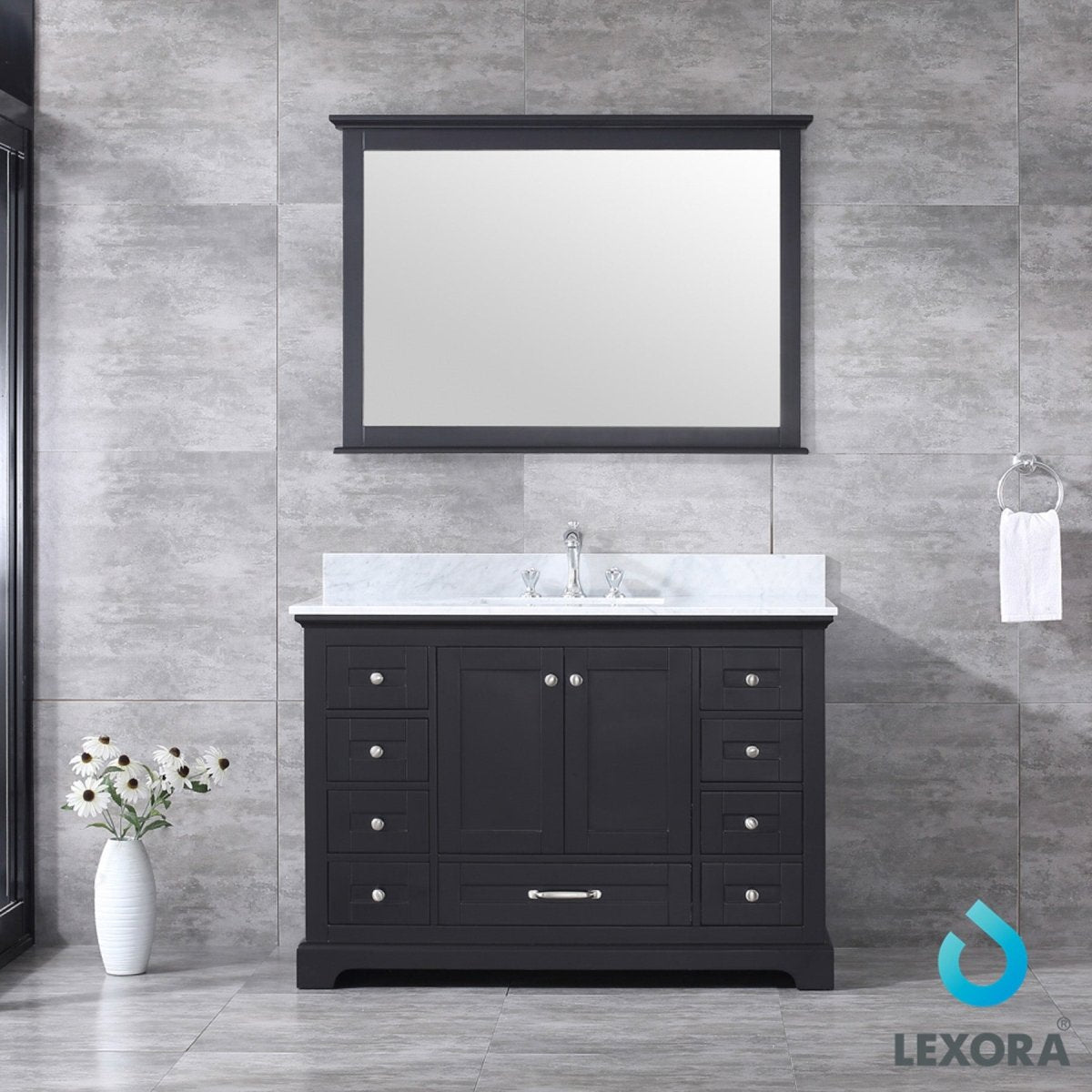Dukes 48" Espresso Single Vanity, White Carrara Marble Top, White Square Sink and 46" Mirror - BUILDMYPLACE