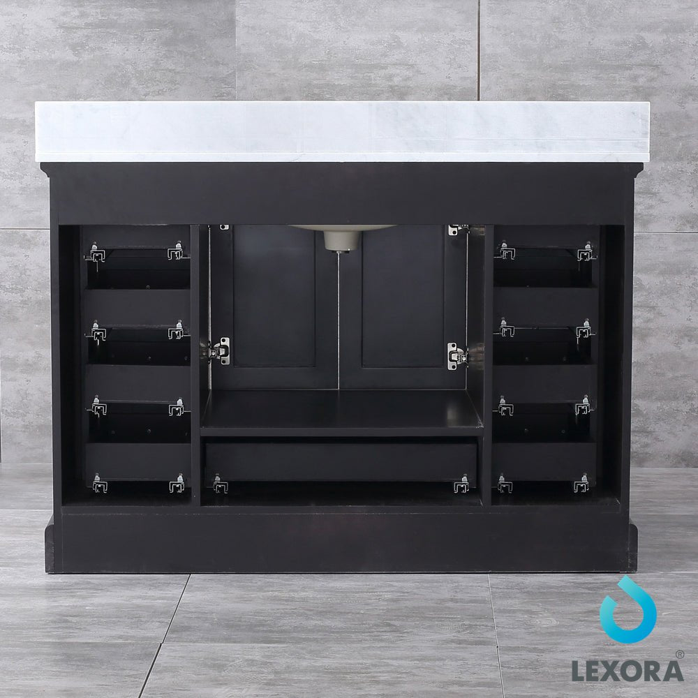 Dukes 48" Espresso Single Vanity, White Carrara Marble Top, White Square Sink and 46" Mirror - BUILDMYPLACE