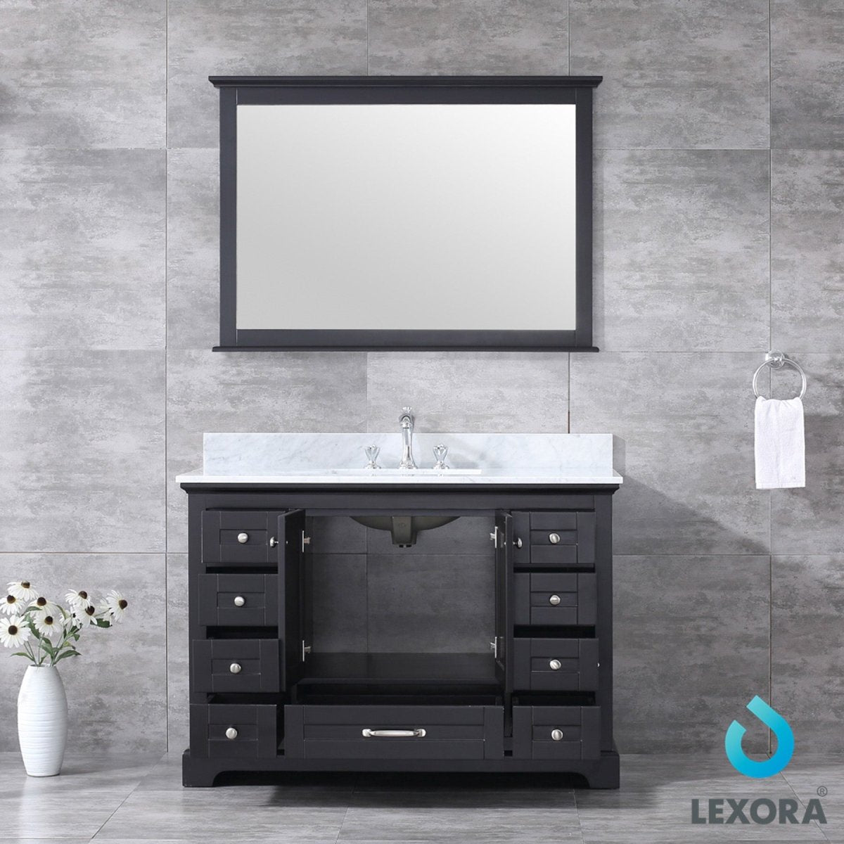 Dukes 48" Espresso Single Vanity, White Carrara Marble Top, White Square Sink and 46" Mirror - BUILDMYPLACE
