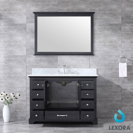 Dukes 48" Espresso Single Vanity, White Carrara Marble Top, White Square Sink and 46" Mirror - BUILDMYPLACE