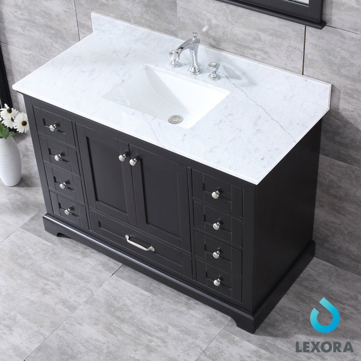 Dukes 48" Espresso Single Vanity, White Carrara Marble Top, White Square Sink and 46" Mirror - BUILDMYPLACE
