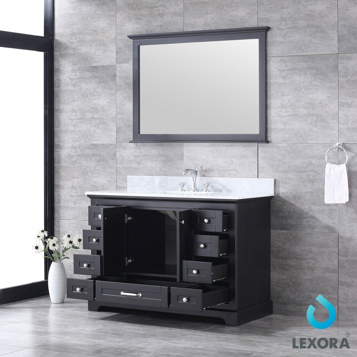 Dukes 48" Espresso Single Vanity, White Carrara Marble Top, White Square Sink and 46" Mirror - BUILDMYPLACE