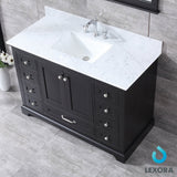 Dukes 48" Espresso Single Vanity, White Carrara Marble Top, White Square Sink and 46" Mirror w/ Faucet - BUILDMYPLACE
