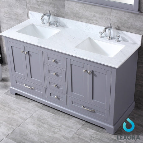 Dukes 60" Dark Grey Double Vanity, White Carrara Marble Top, White Square Sinks and 58" Mirror w/ Faucets - BUILDMYPLACE