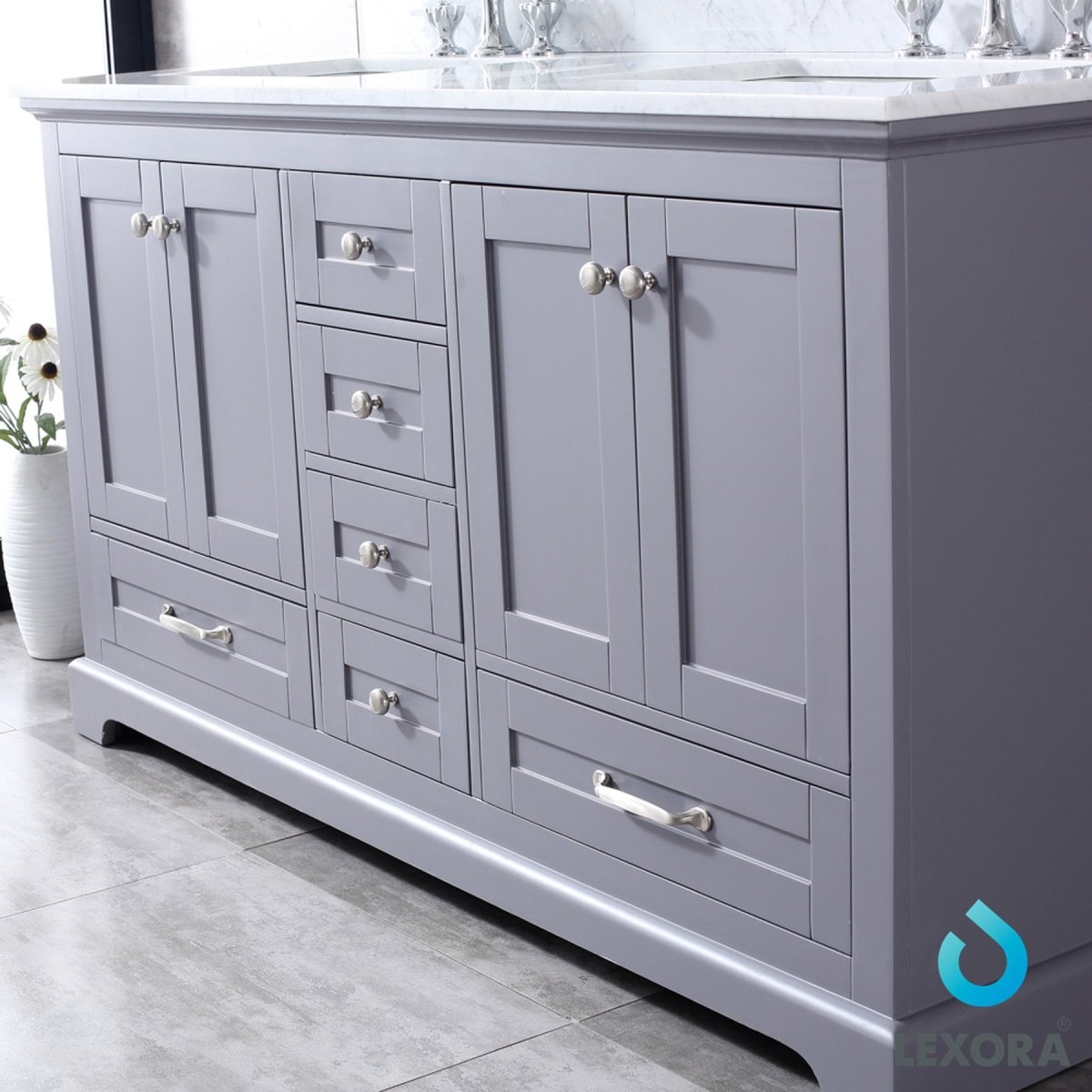 Dukes 60" Dark Grey Double Vanity, White Carrara Marble Top, White Square Sinks and 58" Mirror w/ Faucets - BUILDMYPLACE