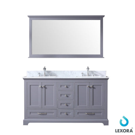 Dukes 60" Dark Grey Double Vanity, White Carrara Marble Top, White Square Sinks and 58" Mirror w/ Faucets - BUILDMYPLACE